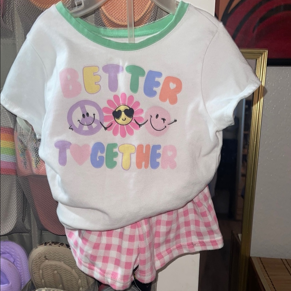 Colorful Graphic Tee and Pink Checkered Shorts Set Toddler girls size 5T